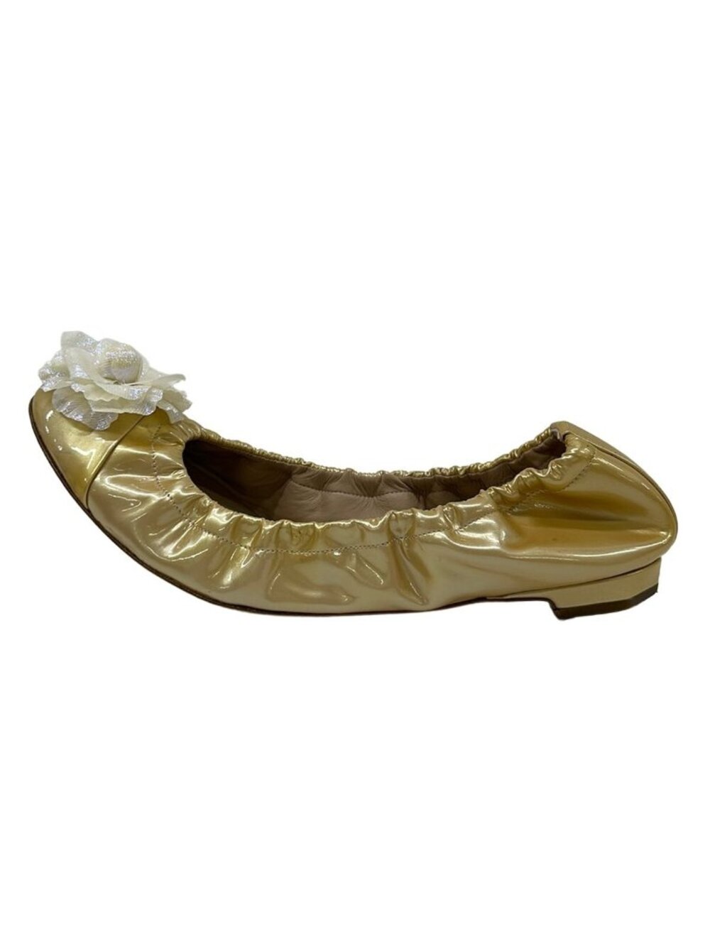 Chanel Flat Shoes Camellia Gold White Glitter Leather